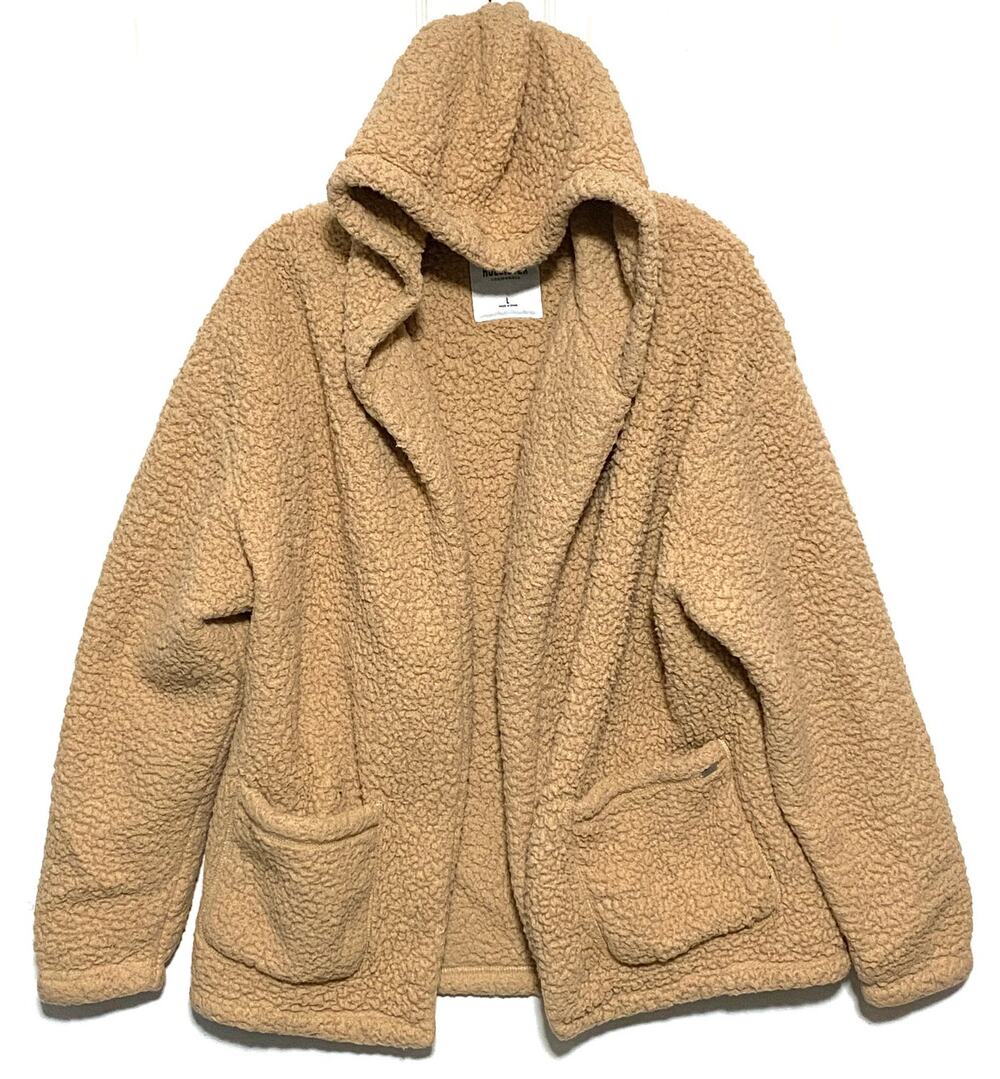 Hollister Teddy Bear Sherpa Hoodie Open Front Jacket Women L Tan Cozy Y2K Pocket